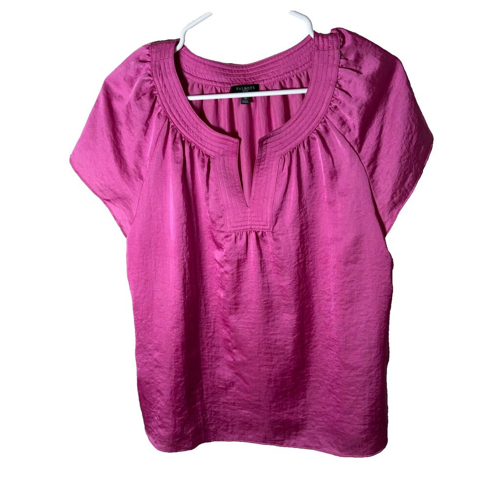 Talbots Blouse Women's Petite 12 Purple V-Neck Satin Short Sleeve Shirt Top